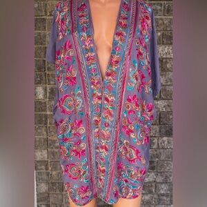Embroidered Kimono Tunic Top Boho Multicolor Sheer S/M